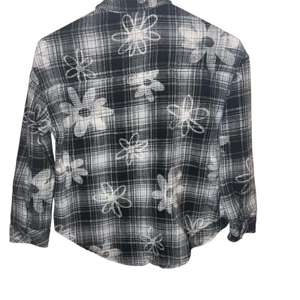 Justice Black and White Flower Plaid Button Front Shirt Girls Size M 10